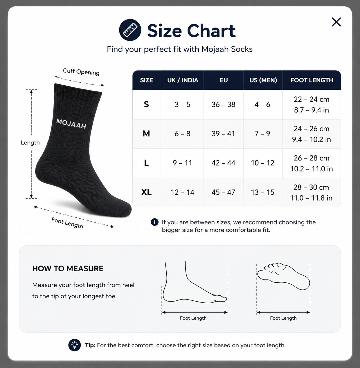 Mojaah Socks Size Chart